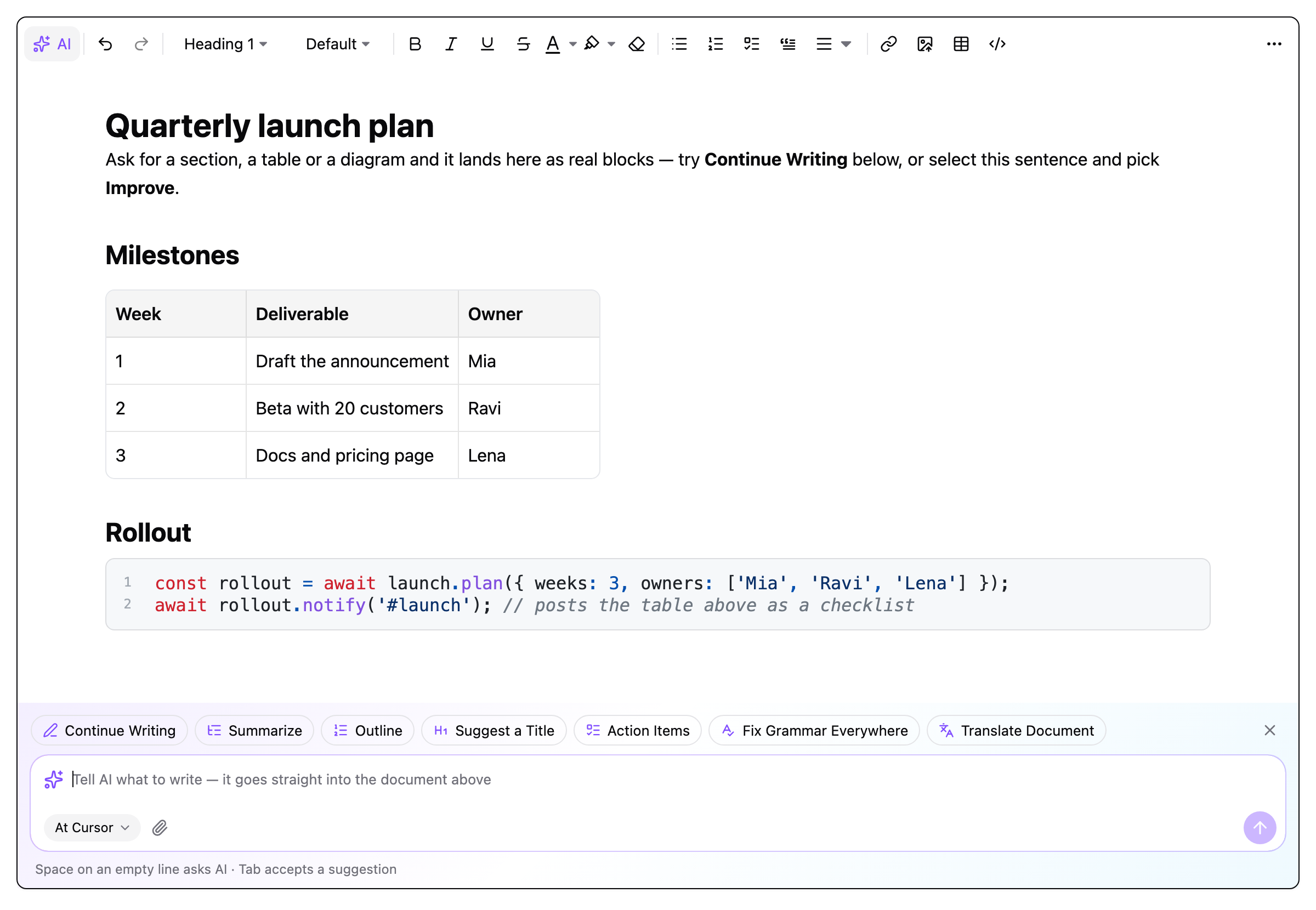 The editor with the AI composer open under the document